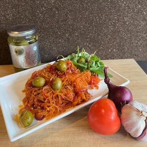Tomato and Olives Red Vermicelli (Vegan and Gluten Free 10 minute recipe)