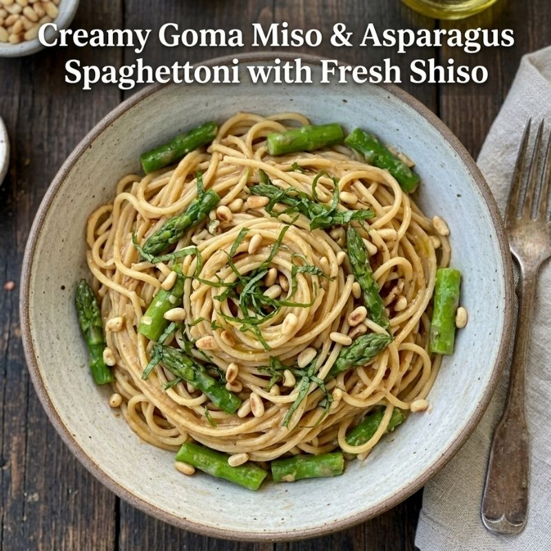 A bowl of creamy gluten-free goma miso spaghettoni with asparagus and fresh shiso leaves, a gut-health recipe for healthy home cooking in Hong Kong.