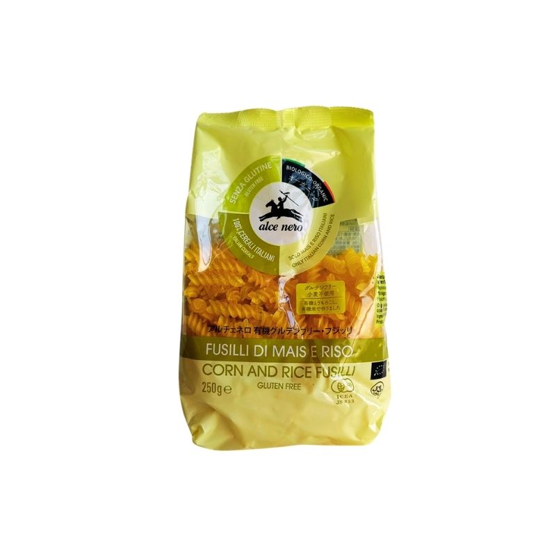 Yellow package of Alce Nero Organic Gluten Free Fusilli on a white background