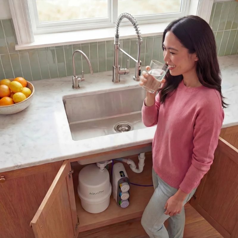 A woman in a pink sweater stands in a kitchen next to an open cabinet showing AquaTru Under Sink Reverse Osmosis Water Purifier - Gen2 under a sink.