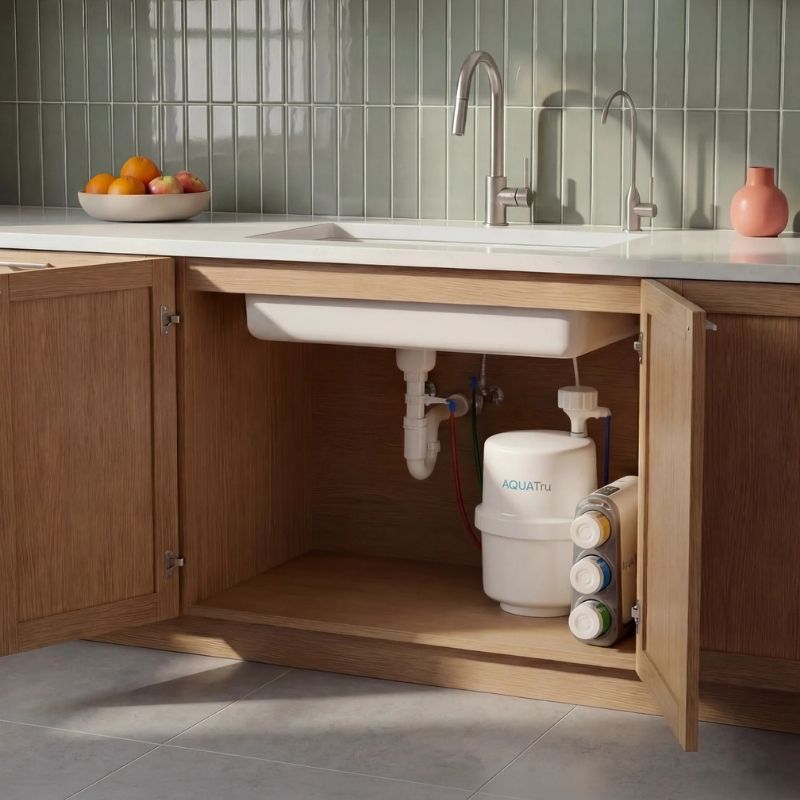 A kitchen sink cabinet with the door open, showing AquaTru Under Sink Reverse Osmosis Water Purifier - Gen2. The scene includes a white countertop, a green tiled backsplash, a bowl of fruit, and a pink vase on the counter.