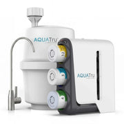 AquaTru Under Sink Reverse Osmosis Water Purifier - Gen2 with a white main tank, curved stainless steel faucet, and a white cartridge holder with four filter cartridges shown in front on a light gray background.