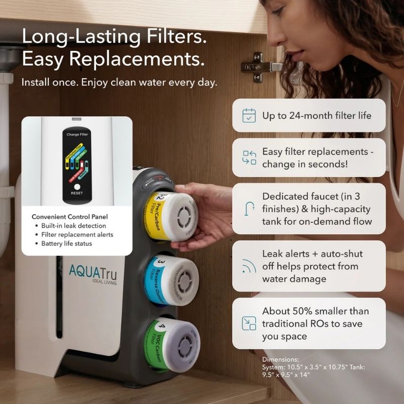 AquaTru Under Sink Reverse Osmosis Water Purifier - Gen2 with a woman replacing a filter cartridge, shown with feature callout text on a warm wood background.