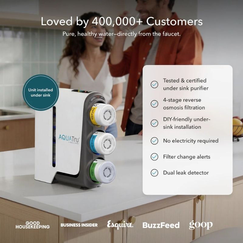 A white and gray under-sink water purifier of AquaTru Under Sink Reverse Osmosis Water Purifier - Gen2 by AQUATRU standing on a kitchen counter, with a blurred couple in the background and a feature list on the right. Text at the top reads 'Loved by 400,000+ Customers' and the bottom shows featured brands including Good Housekeeping, Business Insider, Esquire, BuzzFeed, and goop.