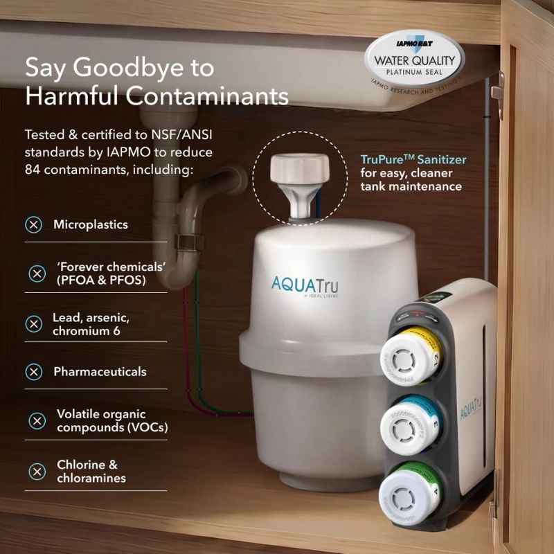 AquaTru Under Sink Reverse Osmosis Water Purifier - Gen2 with text highlighting contaminants reduced and certification by NSF/ANSI.