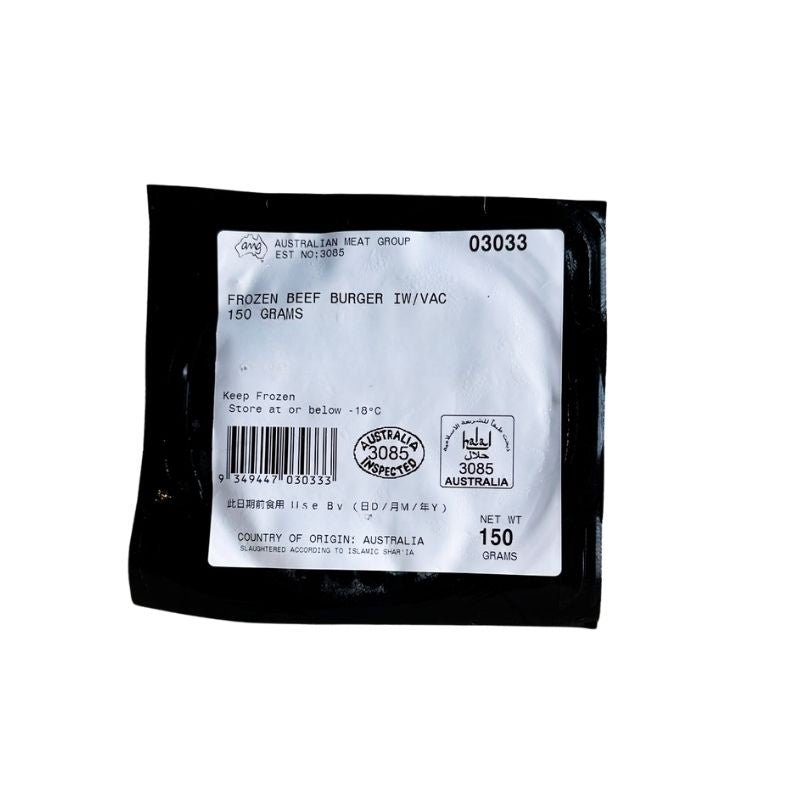 the back label of Australian AMG Grass Fed Burger Patty - 150g in a black pouch with a large white label reading 'FROZEN BEEF BURGER III/VAC 150 GRAINS' and other product information, photographed on a plain white background.