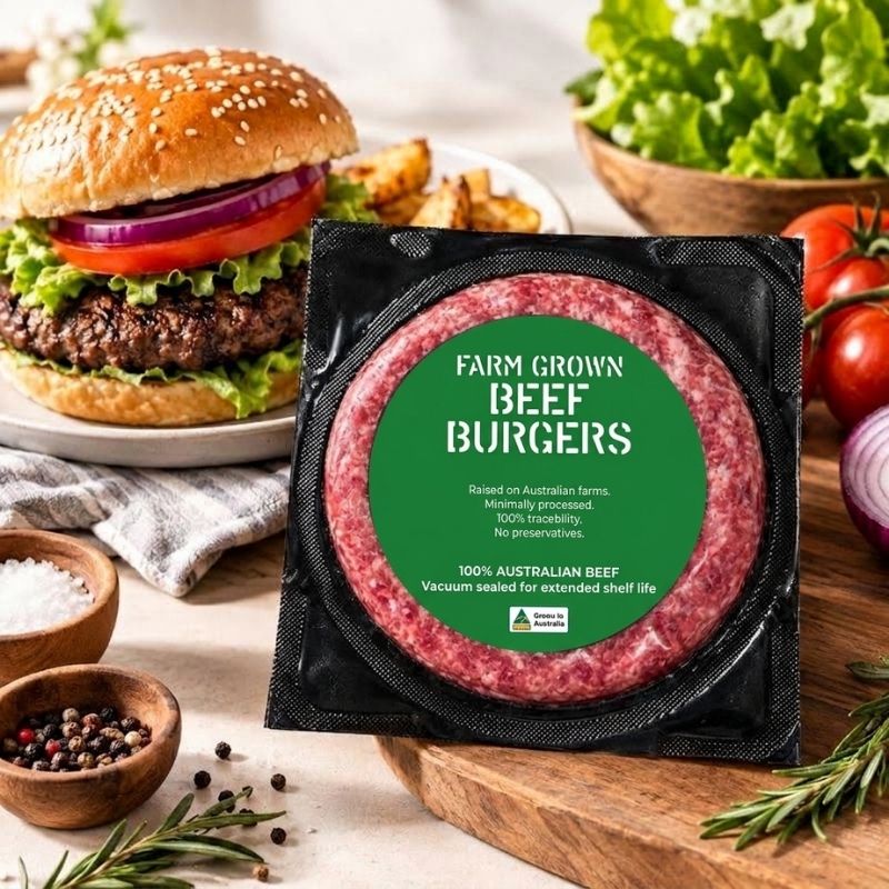 A vacuum-sealed package of Australian AMG Grass Fed Burger Patty - 150g placed on a wooden board, with a prepared burger, tomatoes, lettuce, and kitchen ingredients around it. The package has a black outer sleeve and a green circular label reading 'FARM GROWN BEEF BURGERS'.