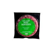 Australian AMG Grass Fed Burger Patty - 150g in a black plastic tray with a large green circular label reading 'FARM GROWN BEEF BURGERS' on a white background.