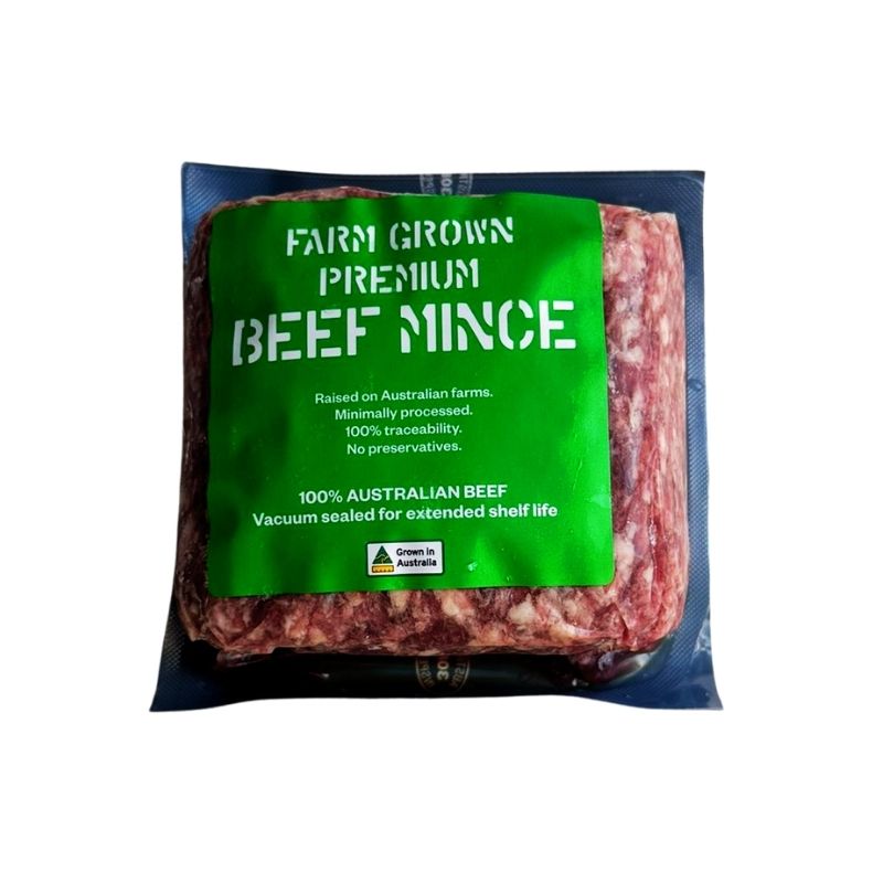 Australian AMG Grass Fed Minced Beef on a white background