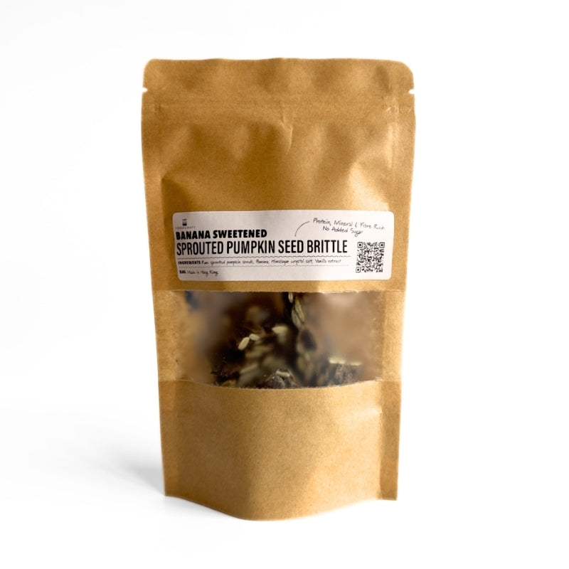 Brown Bag with clear window of Banana-Sweetened Sprouted Pumpkin Seed Brittle - 50g Foodcraft Online Store 