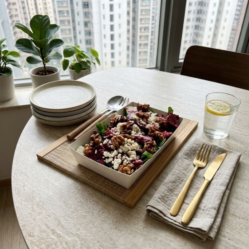 A styled dining table scene with a rectangular white paper food box holding aBeetroot Salad with Tofu Cream Cheese & Sprouted Maple Walnuts, set on a wooden board. The table also has stacked plates, a glass of water with lemon, a folded napkin with a gold-toned fork and knife, and a chair by a large window with city buildings outside and potted plants nearby.