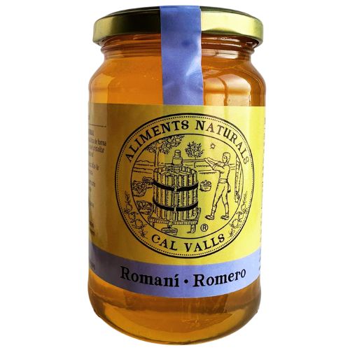 Jar of Cal Valls Rosemary Honey with a yellow label on a white background