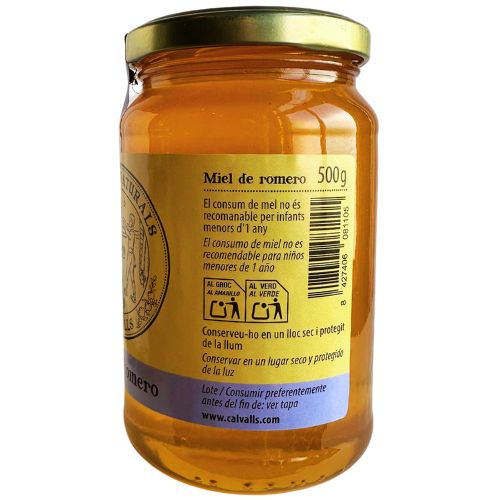 Jar of Cal Valls Rosemary Honey with a gold lid on a white background