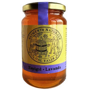 Jar of Cal Valls Lavender Honey with a gold lid on a white background