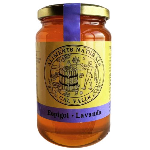 Jar of Cal Valls Lavender Honey with a gold lid on a white background