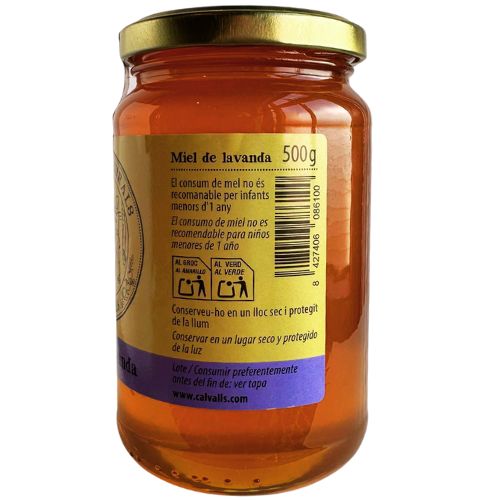 Jar of Cal Valls Lavender Honey with a gold lid on a white background