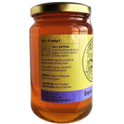 Jar of Cal Valls Lavender Honey with a gold lid and label on a white background