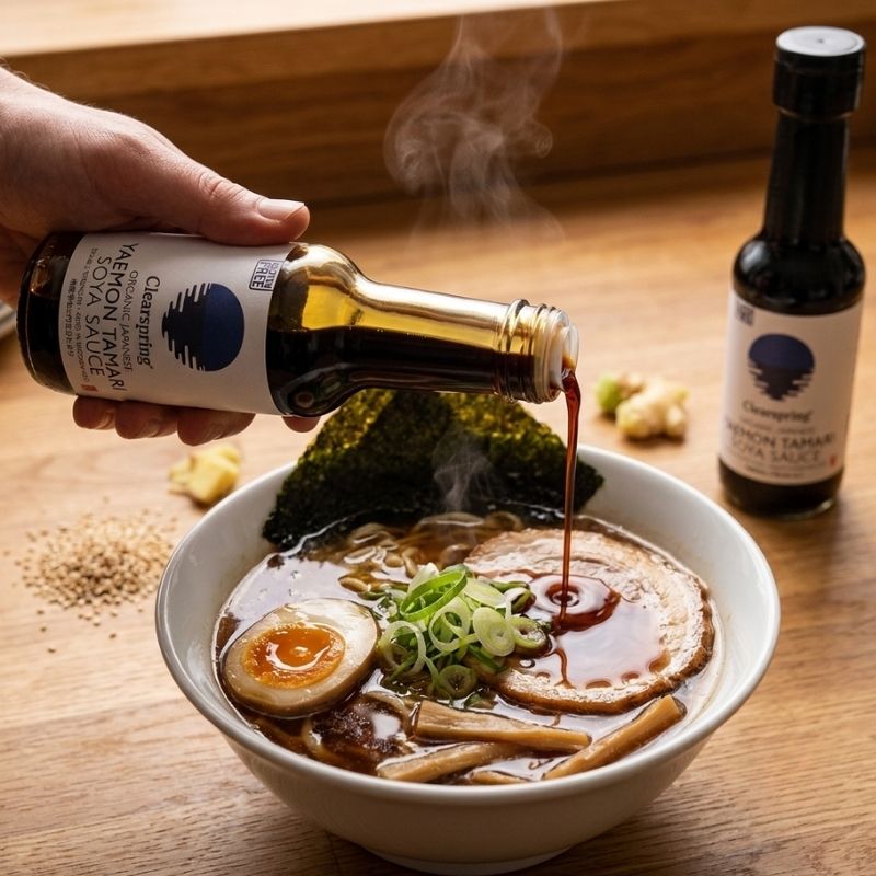 A hand pours Clearspring Organic Japanese Yaemon Tamari Double Strength Soya Sauce from a bottle labeled Clearspring Organic Japanese Yaemon Tamari Double Strength Soya Sauce - 150ml into a bowl of ramen, with steam rising and another bottle standing in the background on a wooden table.