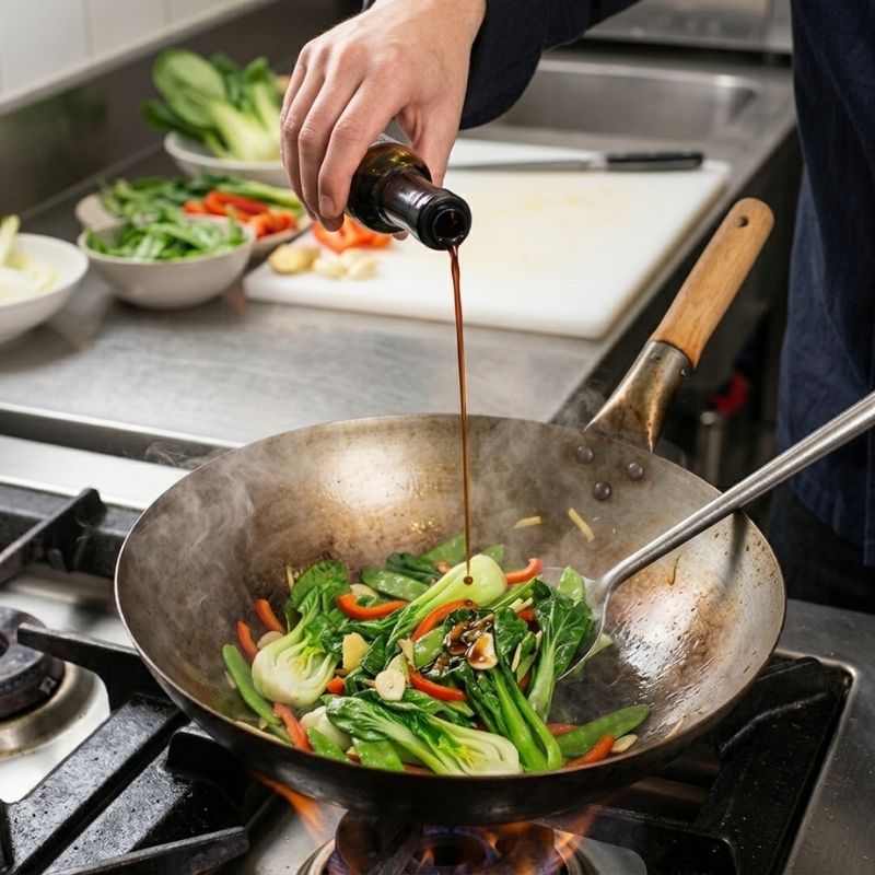 A person in a commercial kitchen pours Clearspring Organic Japanese Yaemon Tamari Double Strength Soya Sauce from a bottle into a stainless steel wok containing stir-fried vegetables, with bowls of fresh ingredients and a cutting board in the background.