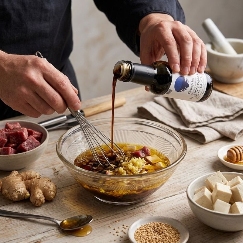 A person's hands pourClearspring Organic Japanese Yaemon Tamari Double Strength Soya Sauce - 150ml from a bottle into a glass bowl containing ginger, garlic, and other ingredients, while preparing food on a rustic wooden table surrounded by bowls of ingredients.