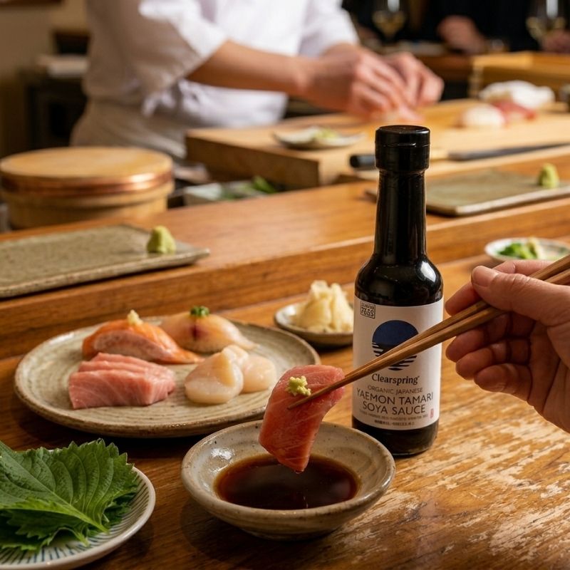 A bottle of Clearspring Organic Japanese Yaemon Tamari Double Strength Soya Sauce - 150ml is shown on a wooden sushi bar table, with a hand holding chopsticks dipping a piece of salmon sushi into the dark soy sauce.