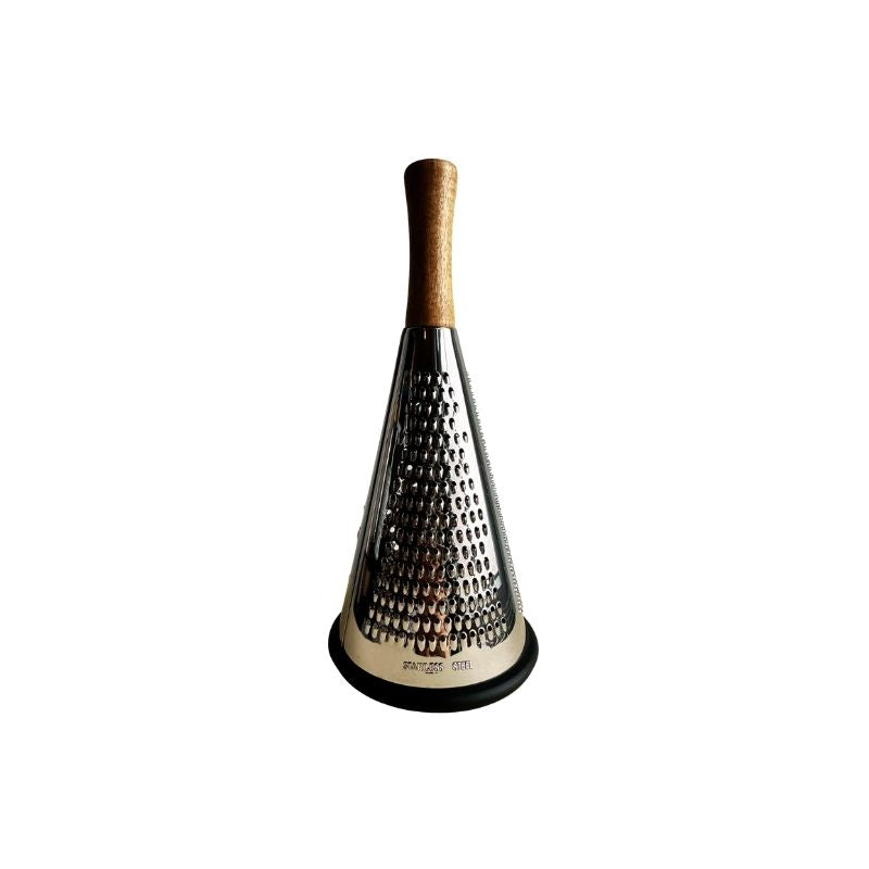 Conical Stainless Steel Grater with wooden handle on a white background