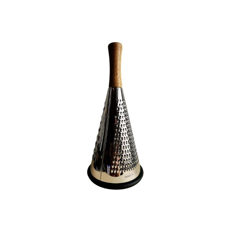 Conical Stainless Steel Grater with wooden handle on a white background