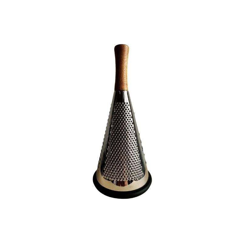 Conical Stainless Steel Grater with wooden handle on a white background
