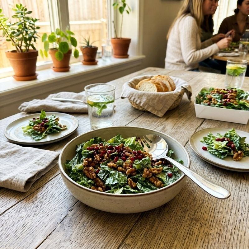 A large beige ceramic bowl filled with Crispy Romaine Salad with Pomegranate, House Cashew Sour Cream & Garlic-Herb Sprouted Walnuts, set on a rustic wooden dining table. The scene is styled with plates, a glass of water, bread, and potted plants in the background, with two women dining in a softly lit room.