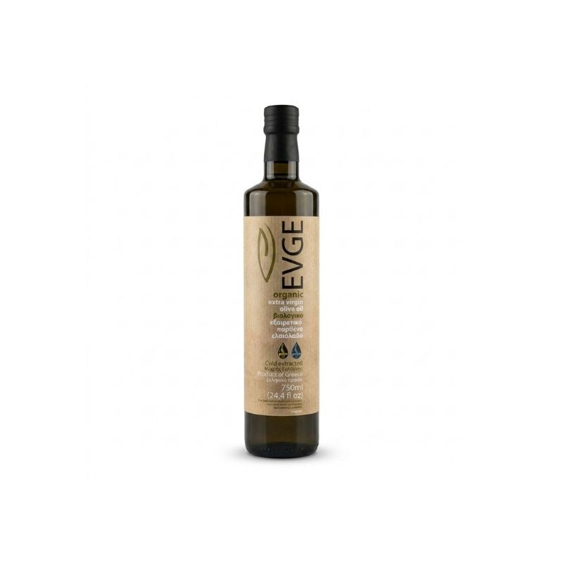 EVGE Organic Extra Virgin Olive Oil - 750ml, featuring a beige label with black text and a black screw cap, set against a plain white background.