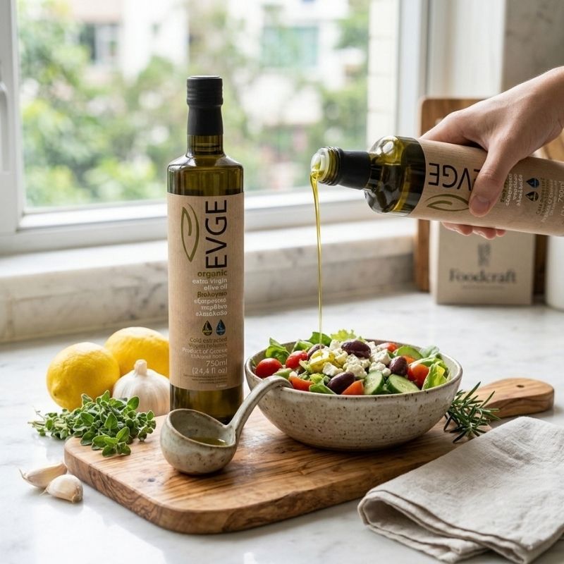 A hand pours olive oil from an EVGE Organic Extra Virgin Olive Oil - 750ml into a fresh salad on a wooden board, with a second tall EVGE olive oil bottle standing nearby and lemons, garlic, herbs, and a bowl of salad on a kitchen counter.