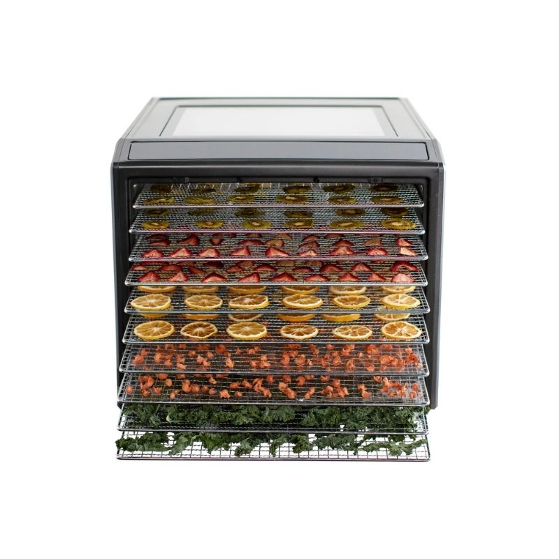Excalibur 10 Tray Performance Digital Dehydrator, in Stainless Steel - DH10SSSS13 with a dark gray exterior and clear lid, shown loaded with various dried fruits, vegetables, and herbs on wire racks against a plain white background.