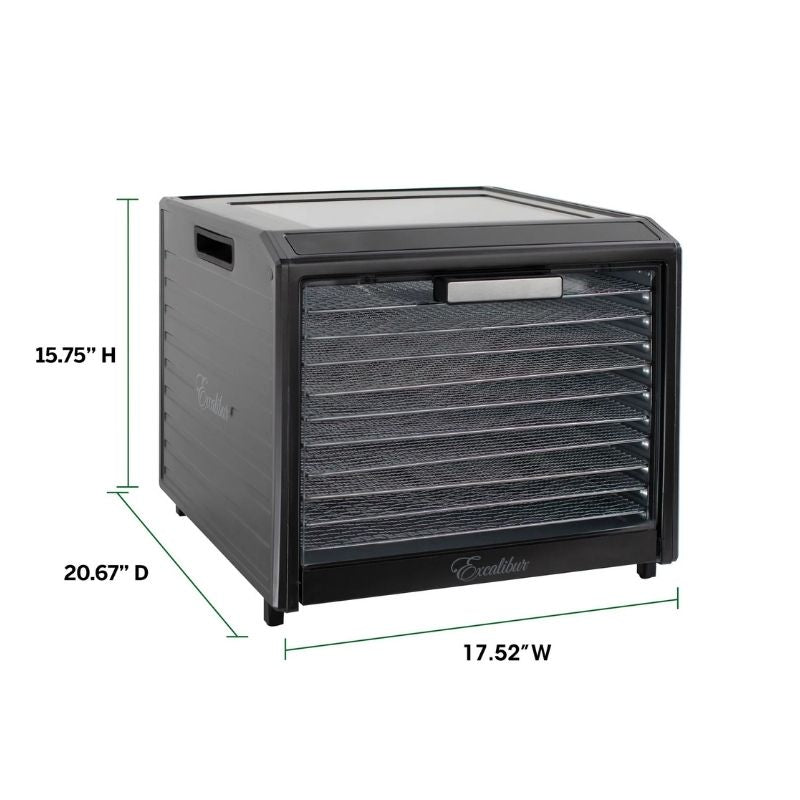 Excalibur 10 Tray Performance Digital Dehydrator, in Stainless Steel - DH10SSSS13 shown on a white background with dimension lines and text indicating height 15.75 in, depth 20.