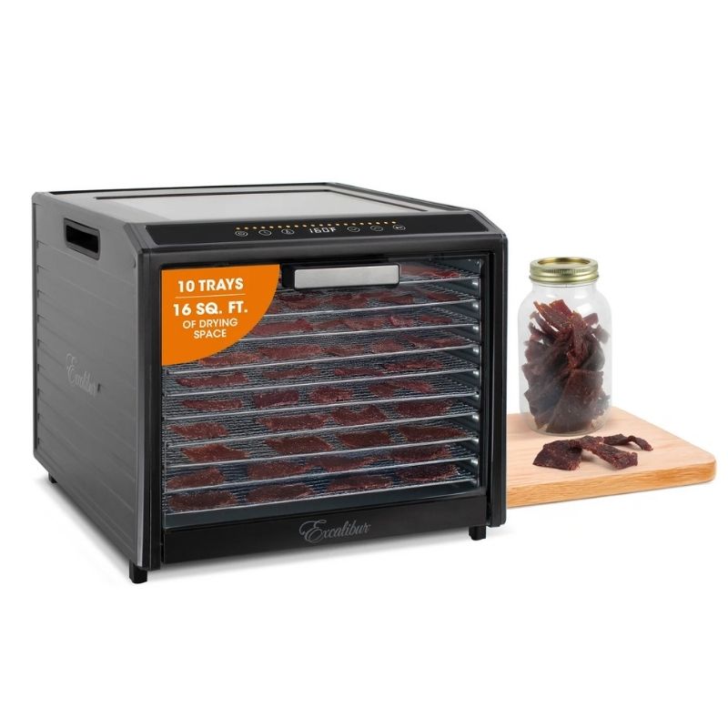 Excalibur 10 Tray Performance Digital Dehydrator, in Stainless Steel - DH10SSSS13 with jar of dried fruit on a white background