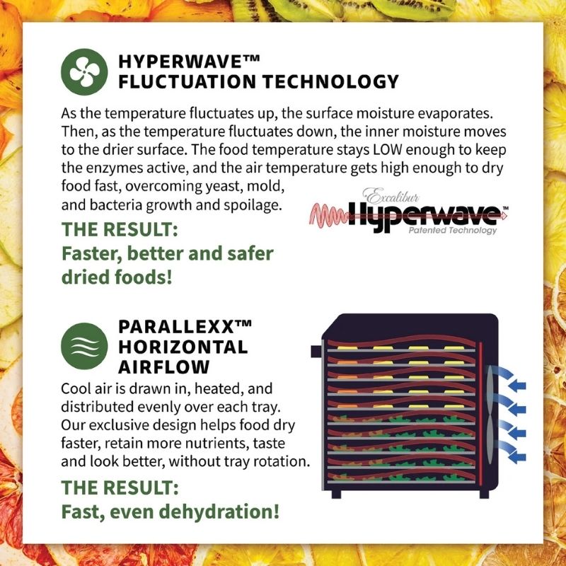 Advertisement for Excalibur 10 Tray Performance Digital Dehydrator, in Stainless Steel - DH10SSSS13 with text about fluctuation technology and horizontal airflow.
