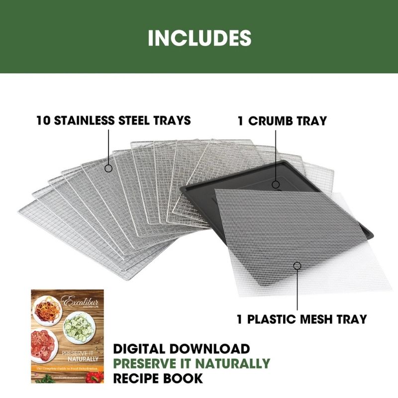 Product listing graphic for Excalibur 10 Tray Performance Digital Dehydrator, in Stainless Steel - DH10SSSS13 with labeled callouts: 10 stainless steel trays, 1 crumb tray, and 1 plastic mesh tray. A small recipe book cover appears in the lower left, and text reads 'INCLUDES' and 'DIGITAL DOWNLOAD PRESERVE IT NATURALLY RECIPE BOOK.