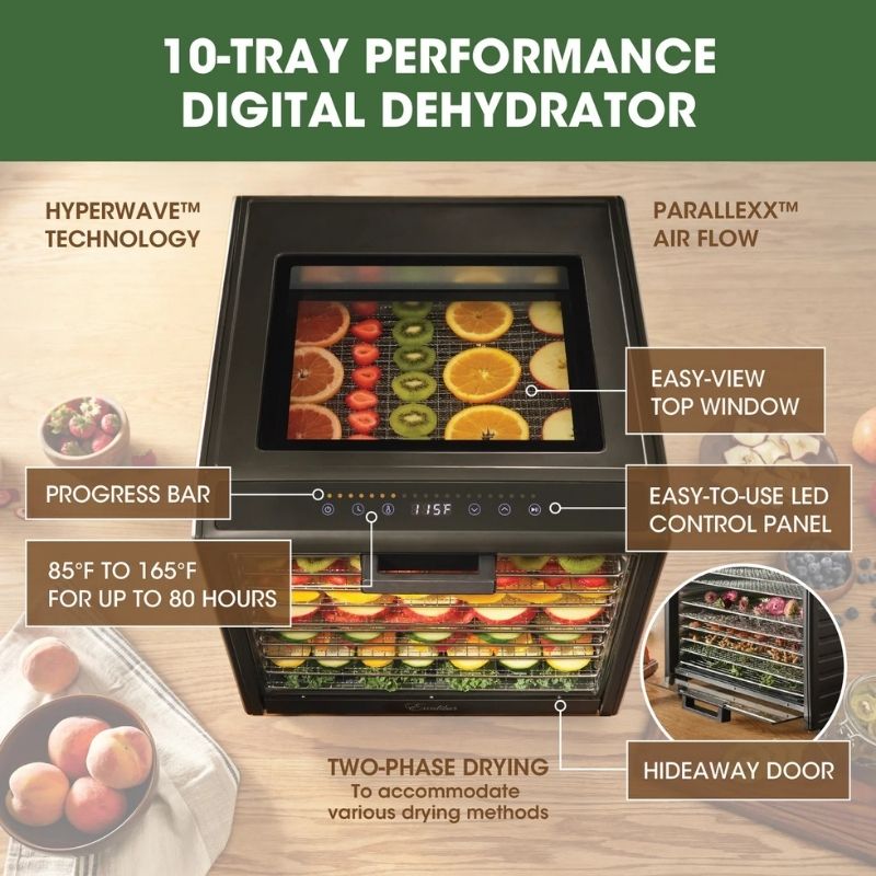 Excalibur 10 Tray Performance Digital Dehydrator, in Stainless Steel - DH10SSSS13 shown on a wooden countertop with fruit trays inside, surrounded by callout labels and feature callouts such as '10-TRAY PERFORMANCE DIGITAL DEHYDRATOR,' 'HYPERWAVE TECHNOLOGY,' 'PARALLELXx AIR FLOW,' 'EASY-VIEW TOP WINDOW,' and 'EASY-TO-USE LED CONTROL PANEL.'.