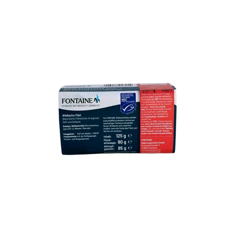 A box of FONTAINE Wild Salmon in Brine - 125g shown against a plain white background. The front of the box is dark blue with white text and a small blue logo, while the side panel is red with additional text.