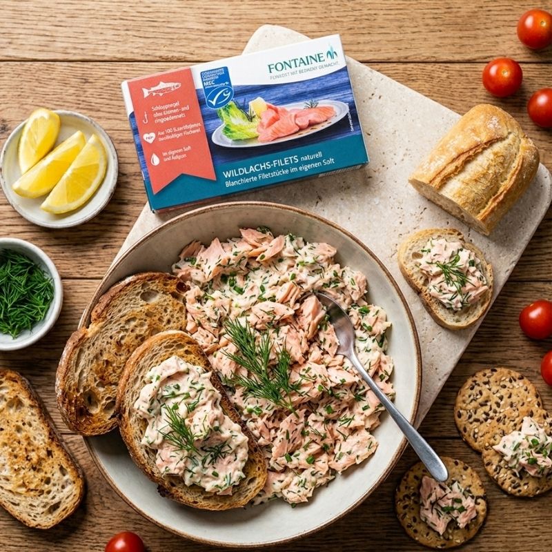 A styled food scene on a wooden table showing a bowl of salmon salad with bread, lemon wedges, dill, and a package of FONTAINE Wild Salmon in Brine - 125g. The product box is visible at the top center, and the food arrangement is photographed in a real tabletop setting.