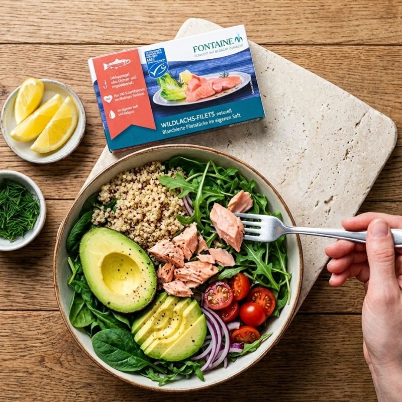 A bowl of prepared salad with salmon, avocado, quinoa, tomatoes, and greens on a wooden table, alongside a box of FONTAINE Wild Salmon in Brine - 125g and a hand holding a fork.