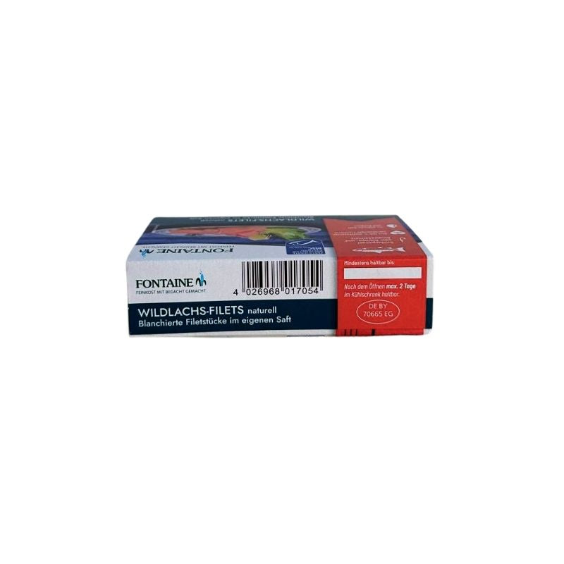 A box of FONTAINE Wild Salmon in Brine - 125g on a plain white background. The packaging features a white front face with a barcode, a dark blue band with white text, and a red side panel with white text.