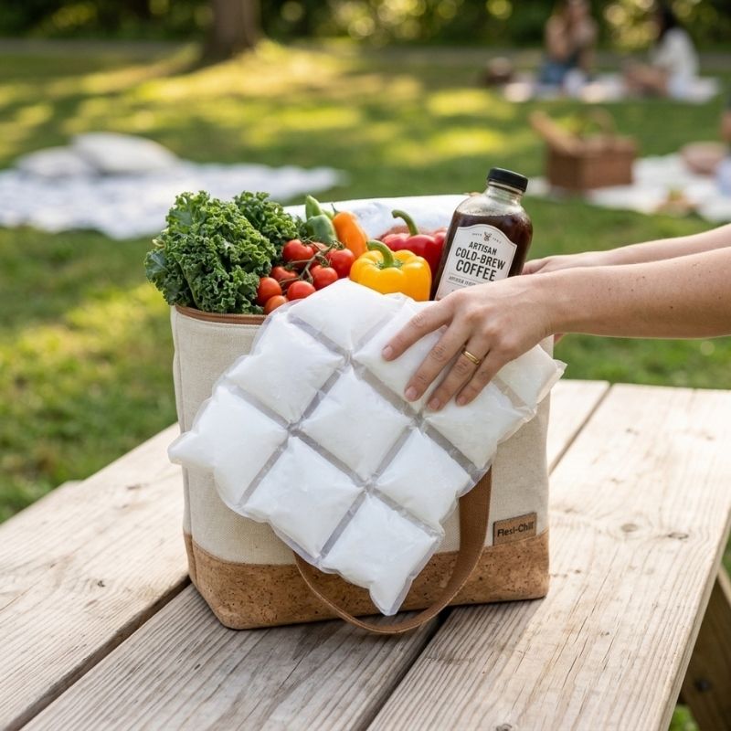 A reusable tote bag filled with groceries sits on a wooden picnic table outdoors. A person's hands are holding Flexible 12-Cell Gel Ice Mat - 18 × 25 cm attached to the front of the bag.