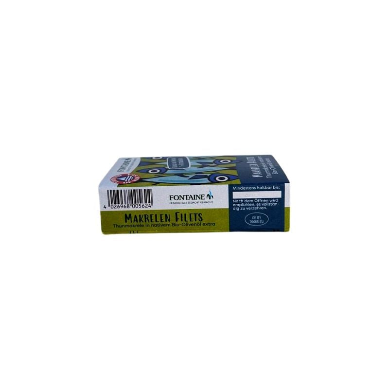 Fontaine Chub Mackerel Fillets in Organic Olive Oil - 90g packaged in a rectangular box with a white, green, and dark blue design, shown against a plain white background.