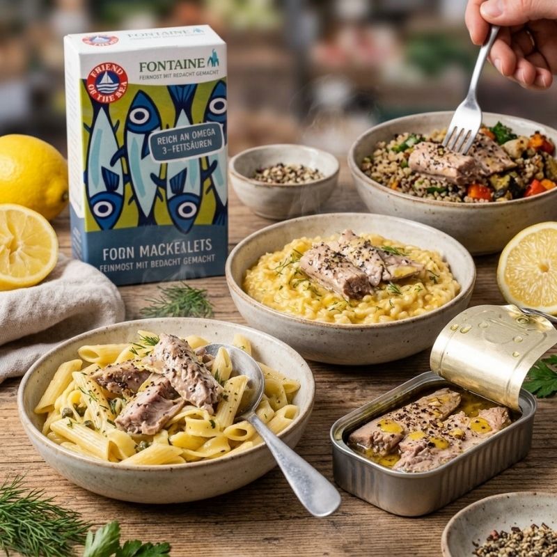 A styled food scene showing FFontaine Chub Mackerel Fillets in Organic Olive Oil - 90g, prepared in several dishes on a wooden table. Visible items include a boxed pack of Fontaine mackerel fillets, an open can of mackerel, bowls of pasta and grilled mackerel with vegetables, lemon halves, and small seasoning bowls.
