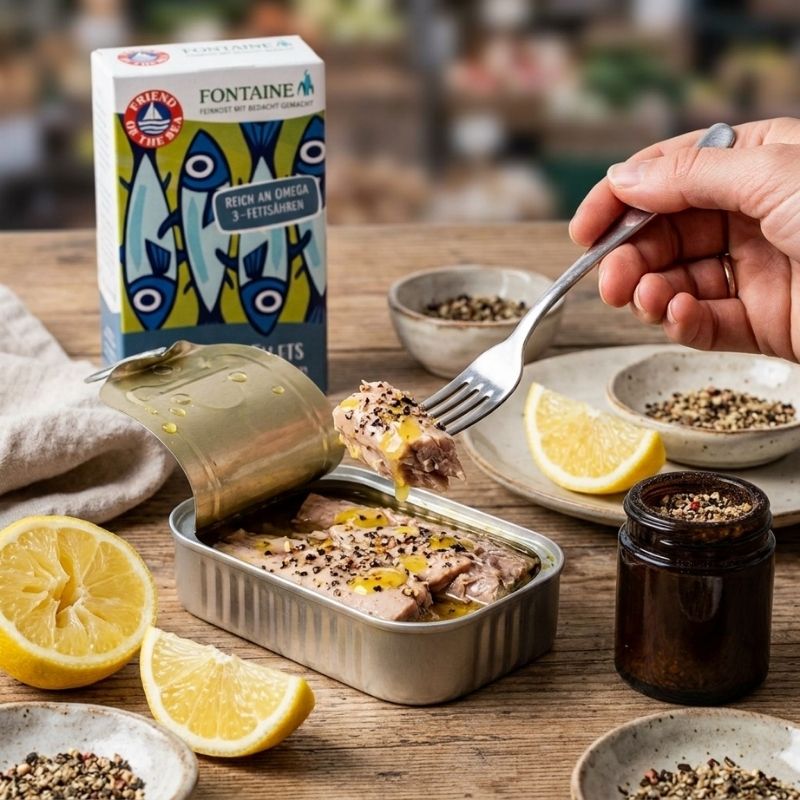 A hand holds a fork with a piece of Fontaine mackerel topped with lemon and pepper, with the can of fish, a box of Fontaine Chub Mackerel Fillets in Organic Olive Oil - 90g, lemon wedges, bowls of seasoning, and a dark jar on a rustic wooden table.