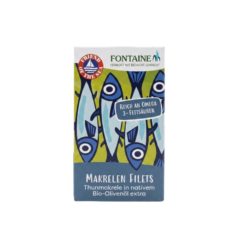 Fontaine Chub Mackerel Fillets in Organic Olive Oil - 90g box featuring a colorful illustration of blue and white mackerel fish on a green and blue background, with German text.