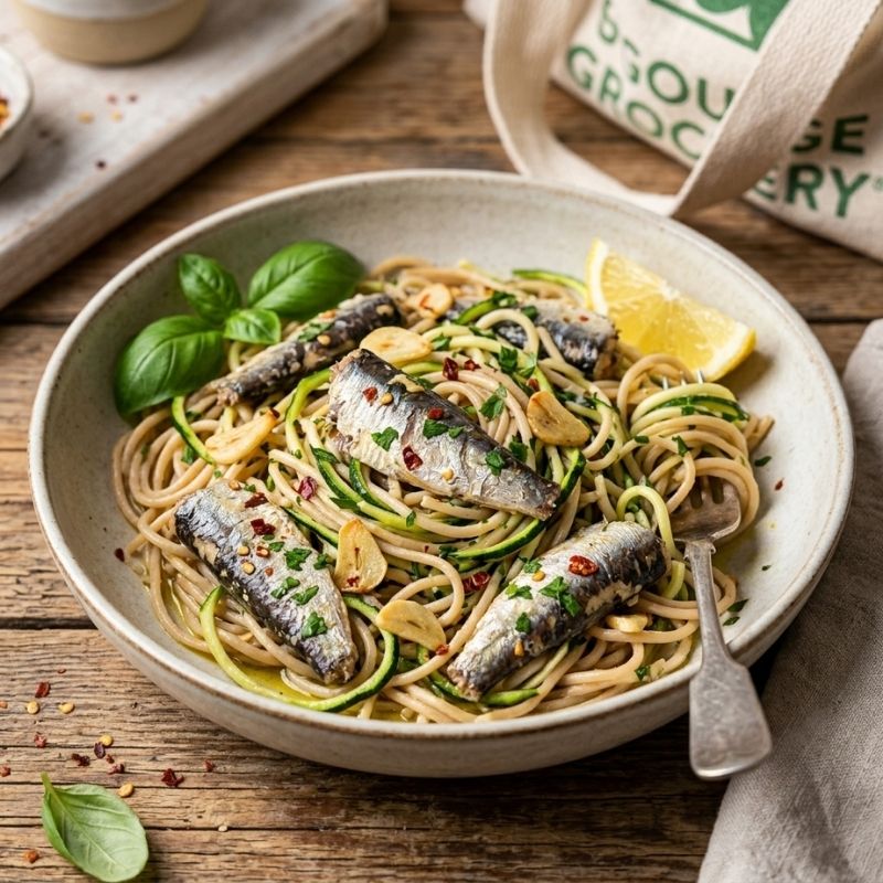 A close-up of a bowl of prepared spaghetti with zucchini noodles, topped with several whole sardines from Fontaine Sardines in Organic Olive Oil - 120 g cans, basil leaves, garlic cloves, and lemon wedges, set on a rustic wooden table.