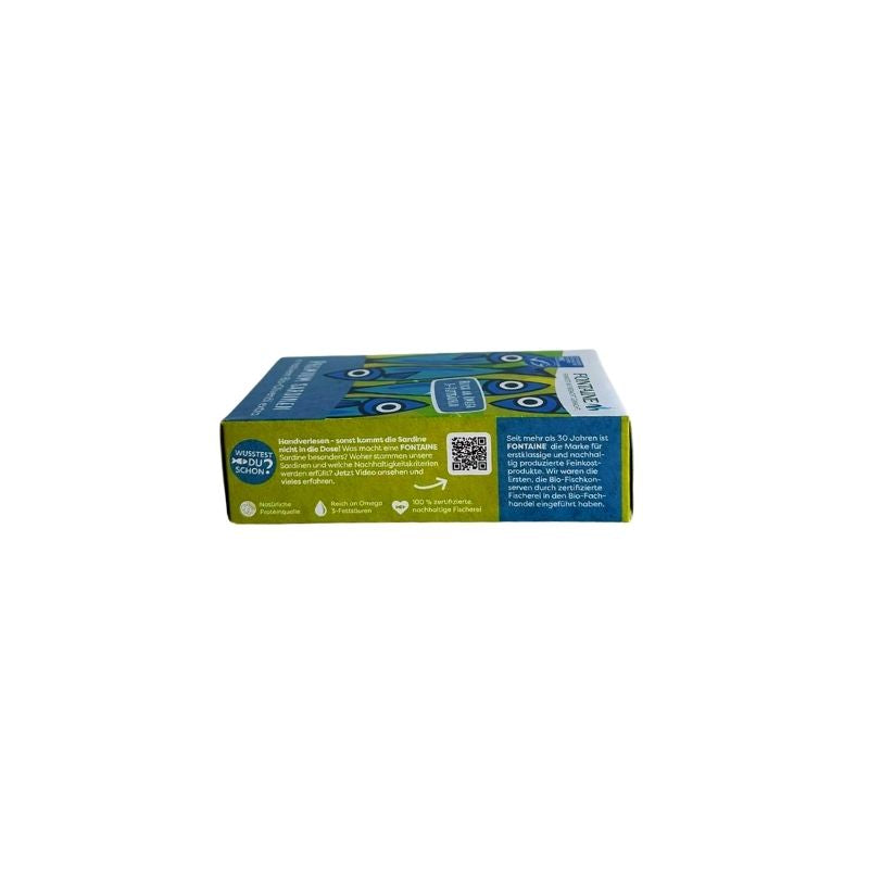 A rectangular product box for 'Fontaine Sardines in Organic Olive Oil - 120 g, featuring a blue and green design with a QR code and Spanish text, shown against a plain white background.
