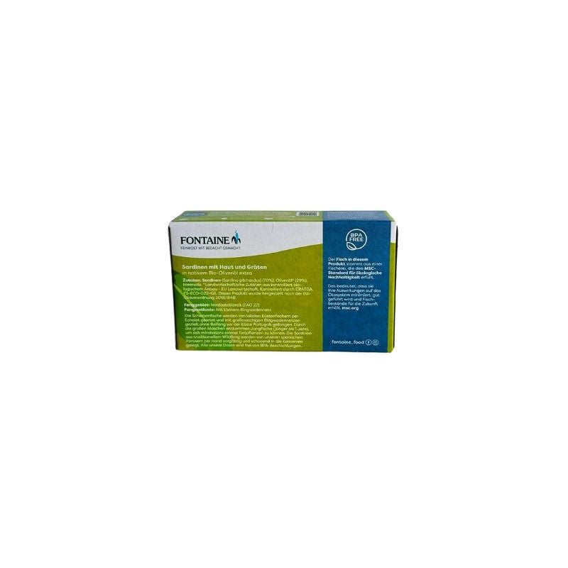 Fontaine Sardines in Organic Olive Oil - 120 g product box, featuring a green and blue design on a plain white background.