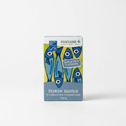 Fontaine Sardines in Organic Olive Oil - 120 g in a rectangular box with a colorful illustration of blue sardines on a yellow and gray background, photographed on a clean white studio background.